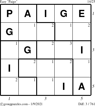 The grouppuzzles.com Easy Paige puzzle for Saturday January 9, 2021 with all 3 steps marked