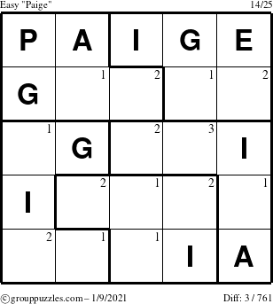 The grouppuzzles.com Easy Paige puzzle for Saturday January 9, 2021 with the first 3 steps marked