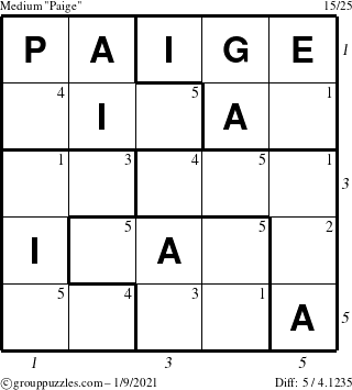 The grouppuzzles.com Medium Paige puzzle for Saturday January 9, 2021 with all 5 steps marked