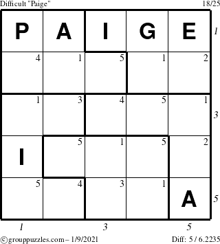 The grouppuzzles.com Difficult Paige puzzle for Saturday January 9, 2021 with all 5 steps marked