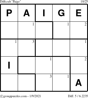 The grouppuzzles.com Difficult Paige puzzle for Saturday January 9, 2021 with the first 3 steps marked