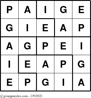 The grouppuzzles.com Answer grid for the Paige puzzle for Saturday January 9, 2021