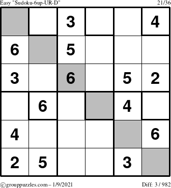 The grouppuzzles.com Easy Sudoku-6up-UR-D puzzle for Saturday January 9, 2021