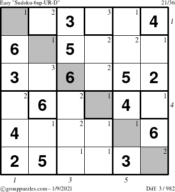 The grouppuzzles.com Easy Sudoku-6up-UR-D puzzle for Saturday January 9, 2021 with all 3 steps marked