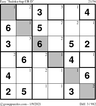 The grouppuzzles.com Easy Sudoku-6up-UR-D puzzle for Saturday January 9, 2021 with the first 3 steps marked