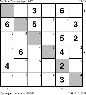 The grouppuzzles.com Medium Sudoku-6up-UR-D puzzle for Saturday January 9, 2021 with all 5 steps marked