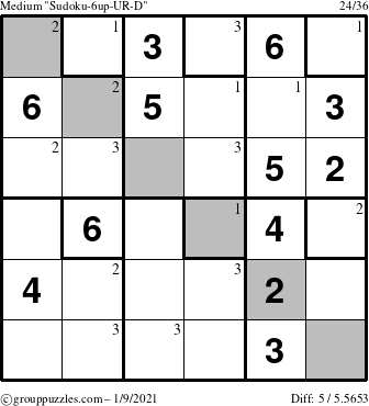 The grouppuzzles.com Medium Sudoku-6up-UR-D puzzle for Saturday January 9, 2021 with the first 3 steps marked