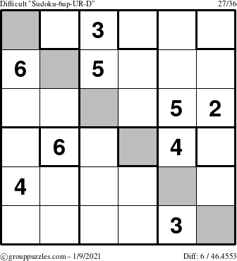 The grouppuzzles.com Difficult Sudoku-6up-UR-D puzzle for Saturday January 9, 2021