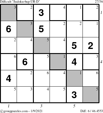 The grouppuzzles.com Difficult Sudoku-6up-UR-D puzzle for Saturday January 9, 2021 with all 6 steps marked