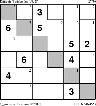 The grouppuzzles.com Difficult Sudoku-6up-UR-D puzzle for Saturday January 9, 2021 with the first 3 steps marked