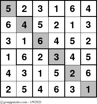 The grouppuzzles.com Answer grid for the Sudoku-6up-UR-D puzzle for Saturday January 9, 2021