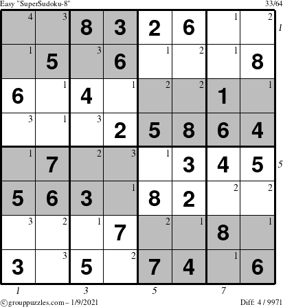 The grouppuzzles.com Easy SuperSudoku-8 puzzle for Saturday January 9, 2021 with all 4 steps marked