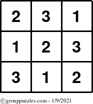 The grouppuzzles.com Answer grid for the TicTac-123 puzzle for Saturday January 9, 2021