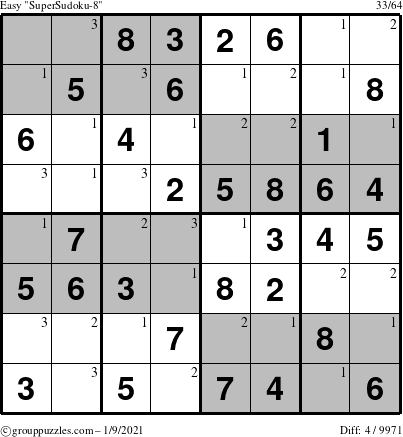 The grouppuzzles.com Easy SuperSudoku-8 puzzle for Saturday January 9, 2021 with the first 3 steps marked