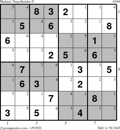 The grouppuzzles.com Medium SuperSudoku-8 puzzle for Saturday January 9, 2021 with all 6 steps marked