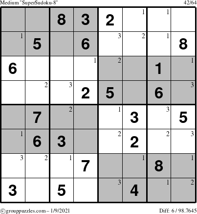 The grouppuzzles.com Medium SuperSudoku-8 puzzle for Saturday January 9, 2021 with the first 3 steps marked