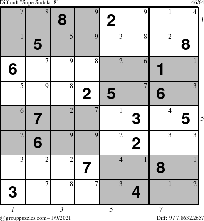 The grouppuzzles.com Difficult SuperSudoku-8 puzzle for Saturday January 9, 2021 with all 9 steps marked