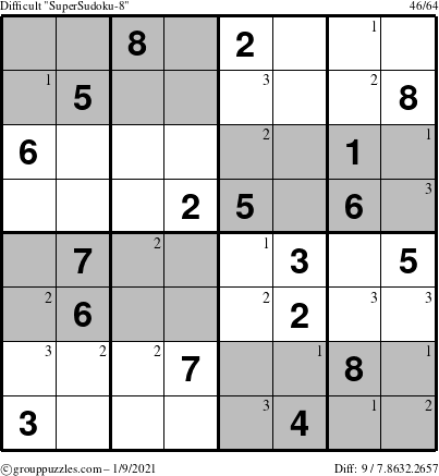 The grouppuzzles.com Difficult SuperSudoku-8 puzzle for Saturday January 9, 2021 with the first 3 steps marked