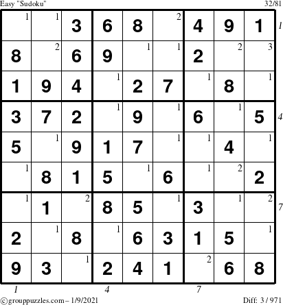 The grouppuzzles.com Easy Sudoku puzzle for Saturday January 9, 2021, suitable for printing, with all 3 steps marked