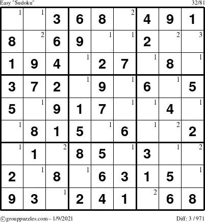 The grouppuzzles.com Easy Sudoku puzzle for Saturday January 9, 2021 with the first 3 steps marked