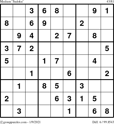 The grouppuzzles.com Medium Sudoku puzzle for Saturday January 9, 2021