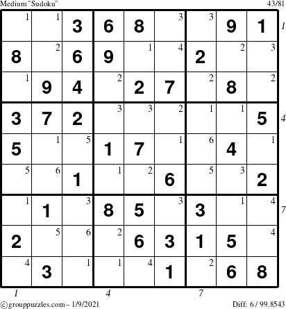 The grouppuzzles.com Medium Sudoku puzzle for Saturday January 9, 2021 with all 6 steps marked