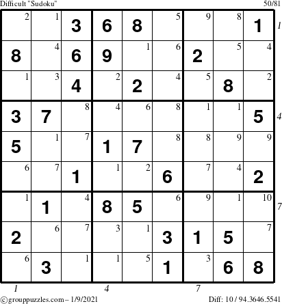 The grouppuzzles.com Difficult Sudoku puzzle for Saturday January 9, 2021 with all 10 steps marked