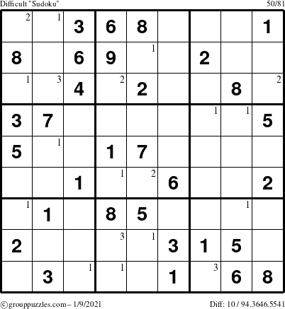 The grouppuzzles.com Difficult Sudoku puzzle for Saturday January 9, 2021 with the first 3 steps marked