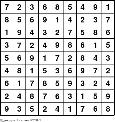 The grouppuzzles.com Answer grid for the Sudoku puzzle for Saturday January 9, 2021