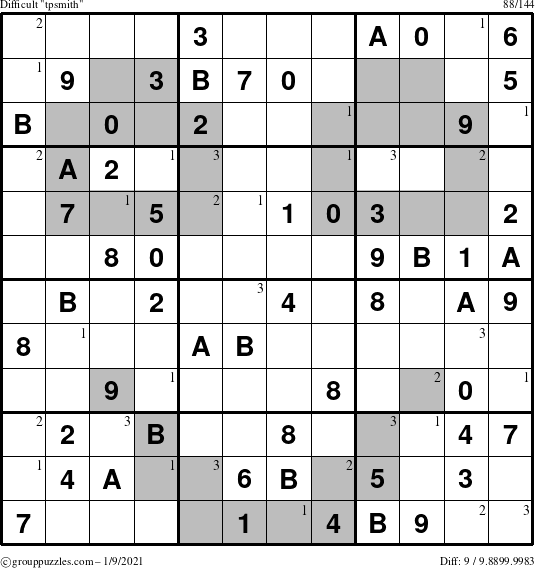 The grouppuzzles.com Difficult tpsmith puzzle for Saturday January 9, 2021 with the first 3 steps marked