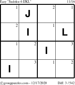 The grouppuzzles.com Easy Sudoku-4-IJKL puzzle for Thursday December 17, 2020 with the first 3 steps marked