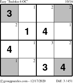 The grouppuzzles.com Easy Sudoku-4-OC puzzle for Thursday December 17, 2020 with the first 3 steps marked