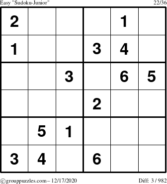 The grouppuzzles.com Easy Sudoku-Junior puzzle for Thursday December 17, 2020