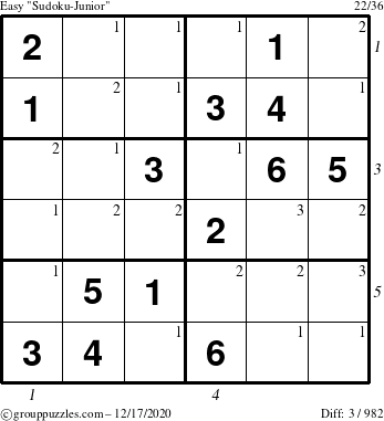 The grouppuzzles.com Easy Sudoku-Junior puzzle for Thursday December 17, 2020 with all 3 steps marked