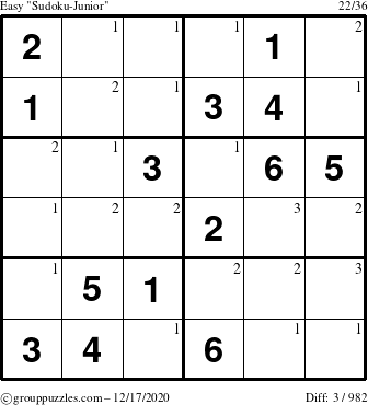 The grouppuzzles.com Easy Sudoku-Junior puzzle for Thursday December 17, 2020 with the first 3 steps marked