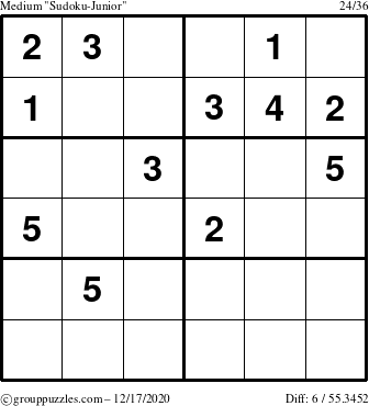 The grouppuzzles.com Medium Sudoku-Junior puzzle for Thursday December 17, 2020