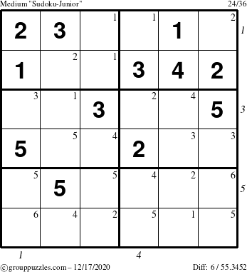 The grouppuzzles.com Medium Sudoku-Junior puzzle for Thursday December 17, 2020 with all 6 steps marked