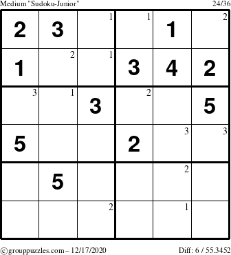 The grouppuzzles.com Medium Sudoku-Junior puzzle for Thursday December 17, 2020 with the first 3 steps marked