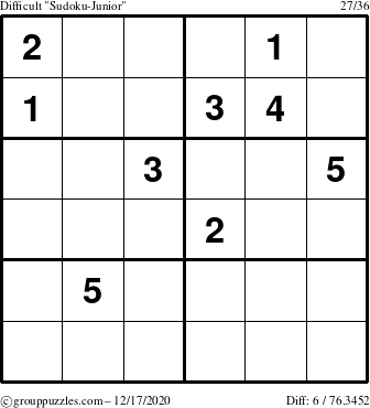 The grouppuzzles.com Difficult Sudoku-Junior puzzle for Thursday December 17, 2020