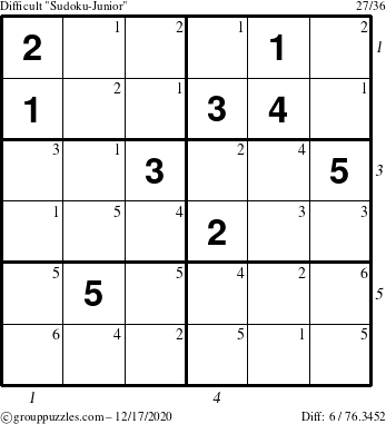 The grouppuzzles.com Difficult Sudoku-Junior puzzle for Thursday December 17, 2020 with all 6 steps marked