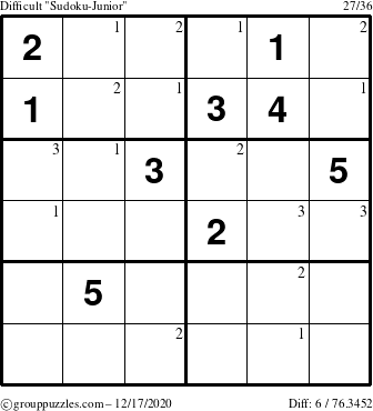 The grouppuzzles.com Difficult Sudoku-Junior puzzle for Thursday December 17, 2020 with the first 3 steps marked