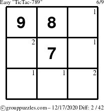 The grouppuzzles.com Easy TicTac-789 puzzle for Thursday December 17, 2020 with the first 2 steps marked