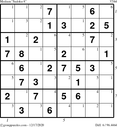 The grouppuzzles.com Medium Sudoku-8 puzzle for Thursday December 17, 2020 with all 6 steps marked