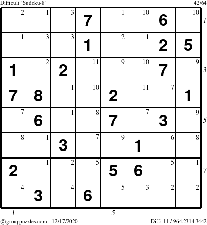 The grouppuzzles.com Difficult Sudoku-8 puzzle for Thursday December 17, 2020, suitable for printing, with all 11 steps marked