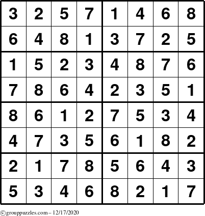 The grouppuzzles.com Answer grid for the Sudoku-8 puzzle for Thursday December 17, 2020