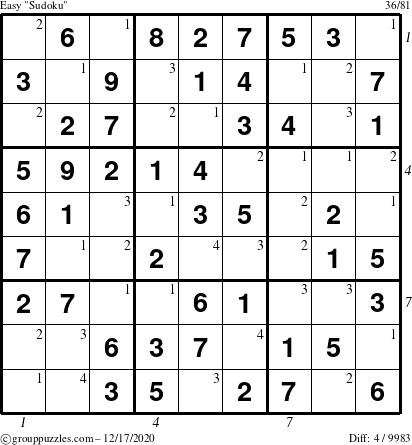 The grouppuzzles.com Easy Sudoku puzzle for Thursday December 17, 2020, suitable for printing, with all 4 steps marked