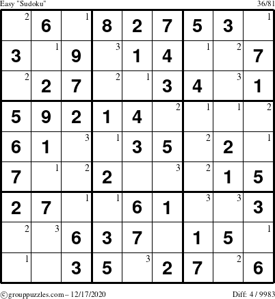 The grouppuzzles.com Easy Sudoku puzzle for Thursday December 17, 2020 with the first 3 steps marked