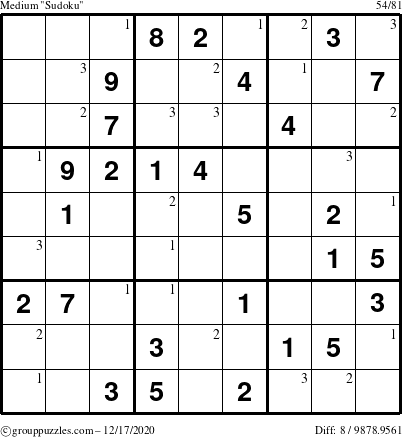 The grouppuzzles.com Medium Sudoku puzzle for Thursday December 17, 2020 with the first 3 steps marked