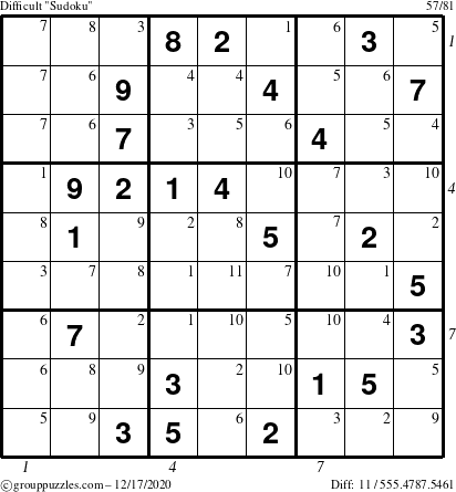 The grouppuzzles.com Difficult Sudoku puzzle for Thursday December 17, 2020, suitable for printing, with all 11 steps marked