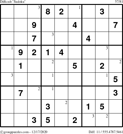 The grouppuzzles.com Difficult Sudoku puzzle for Thursday December 17, 2020 with the first 3 steps marked